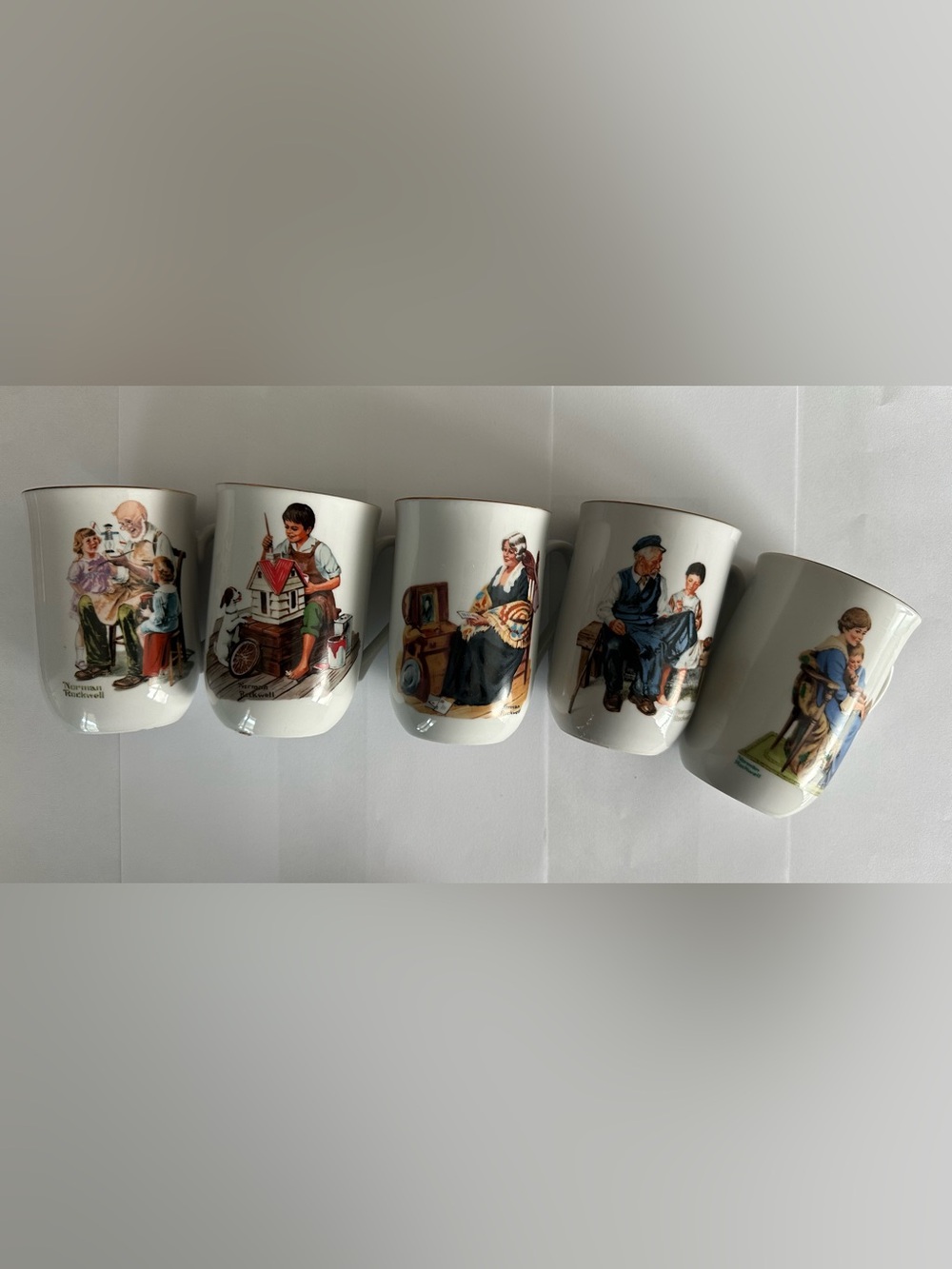 Vintage 1982 Norman Rockwell Museum Coffee Mugs Porcelain Gold Trim Set of 5